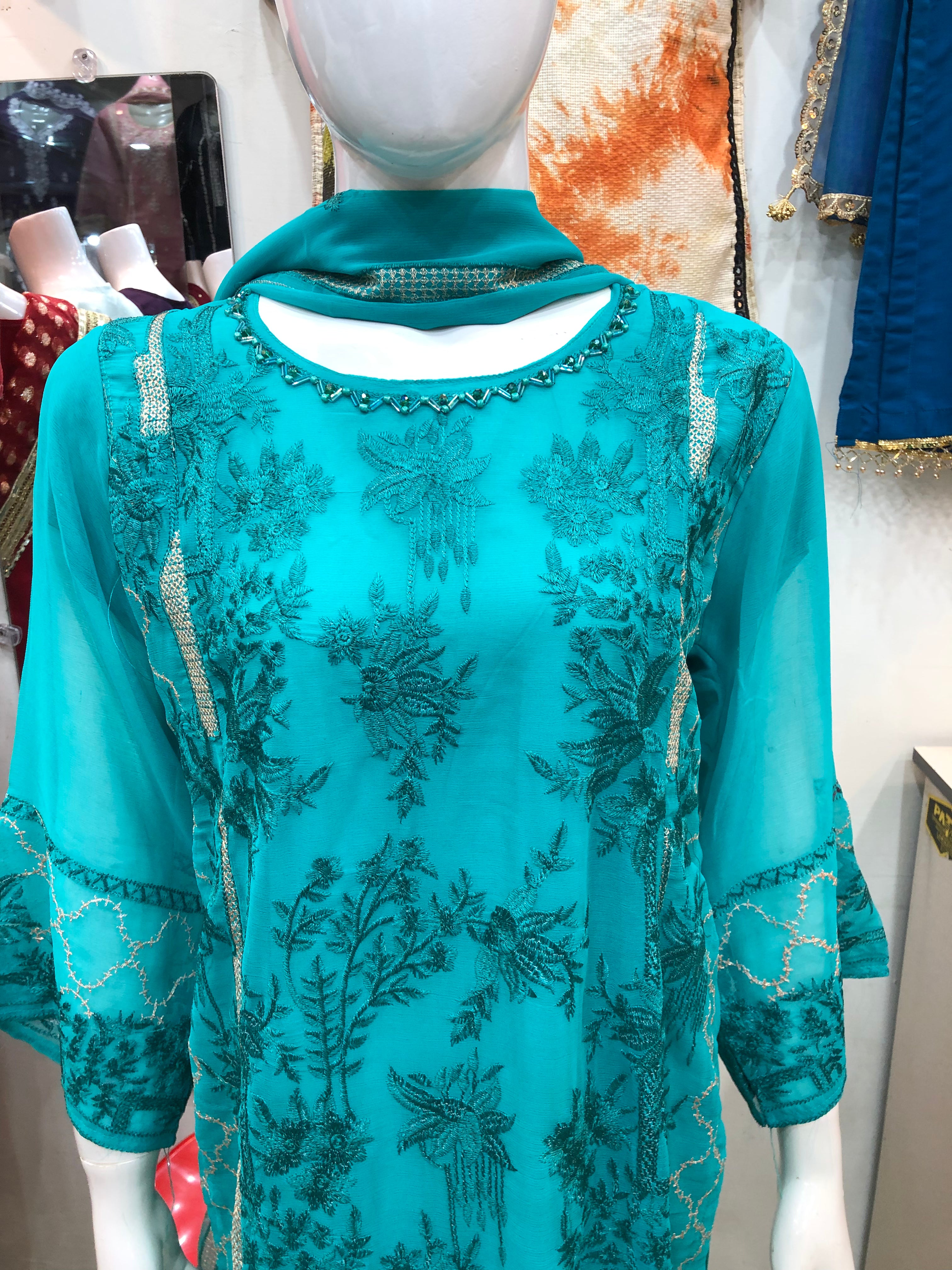 β¨ 3-Piece Fancy Cotton Design Sea Green β Full Embroidery Elegance