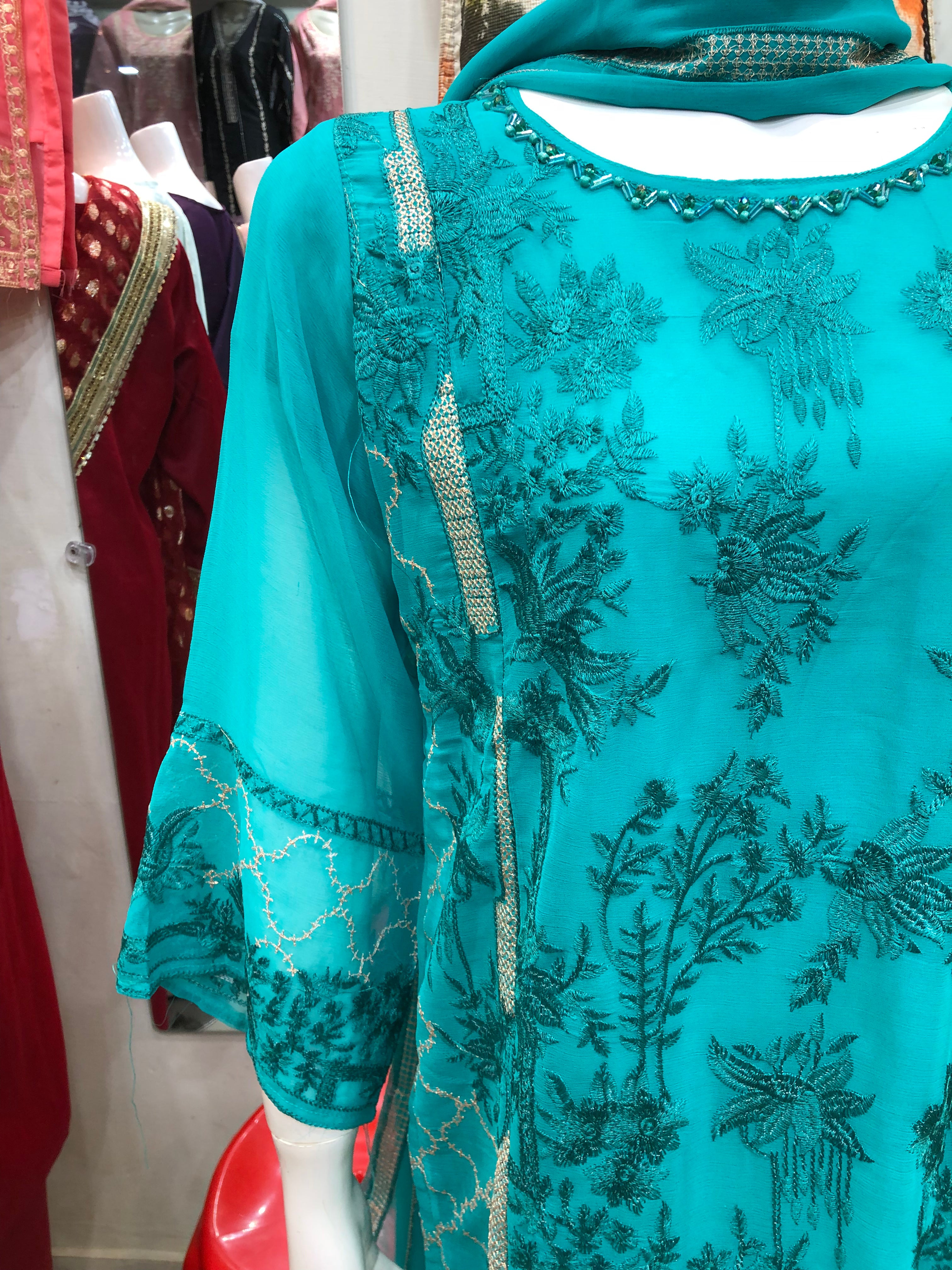 β¨ 3-Piece Fancy Cotton Design Sea Green β Full Embroidery Elegance