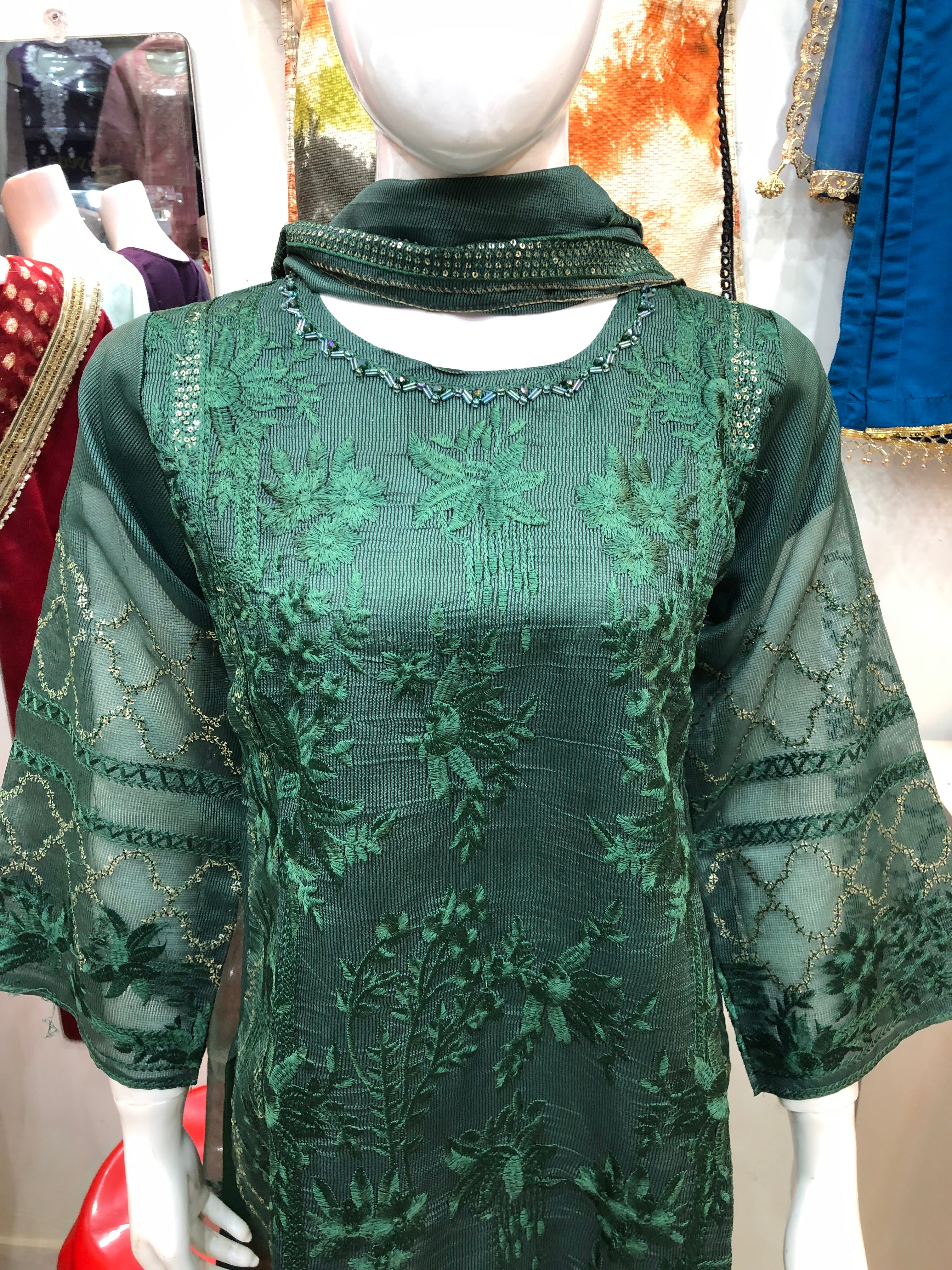 β¨ 3-Piece Fancy Cotton Design Dark Greenβ Full Embroidery Elegance