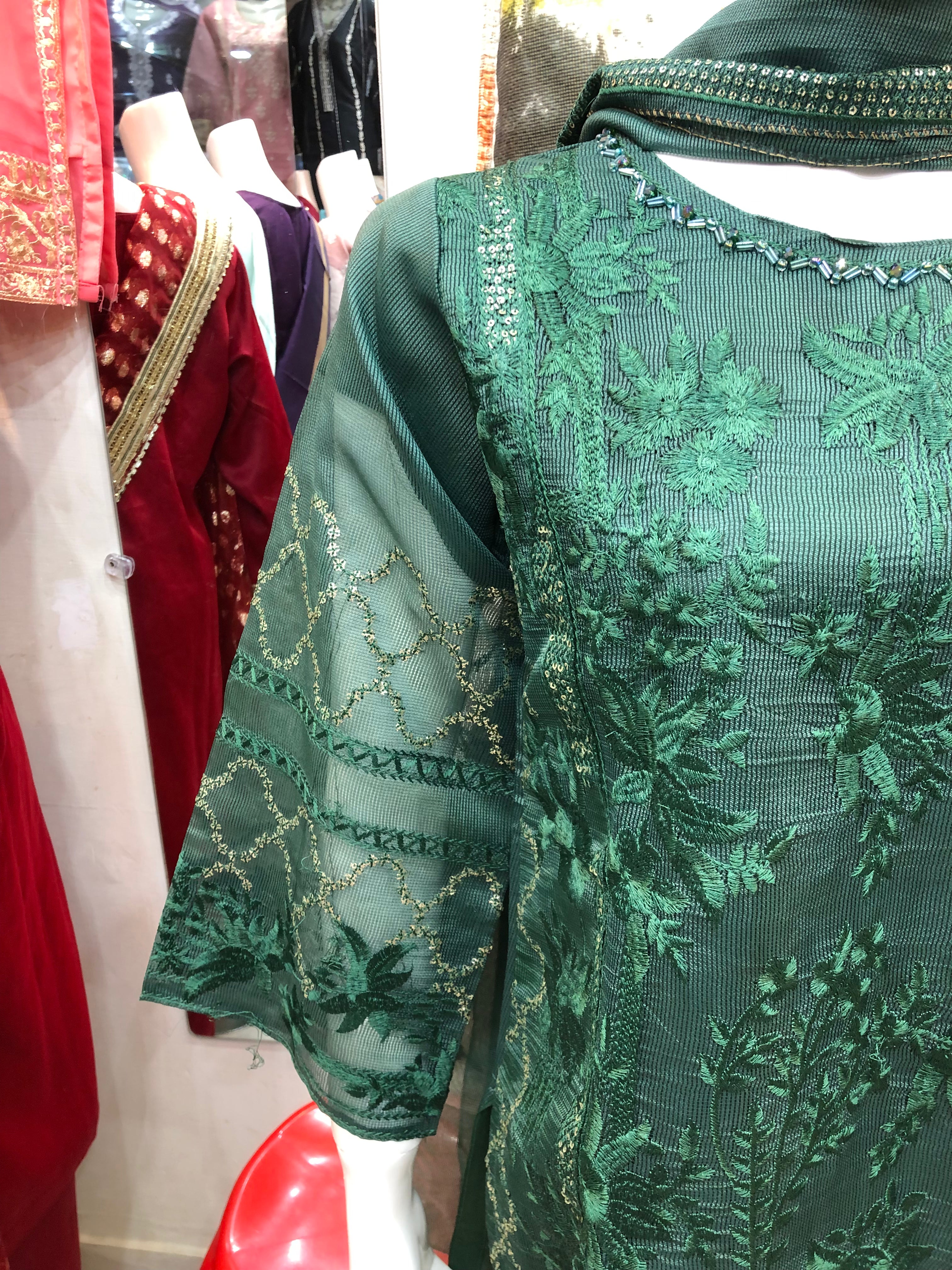 β¨ 3-Piece Fancy Cotton Design Dark Greenβ Full Embroidery Elegance