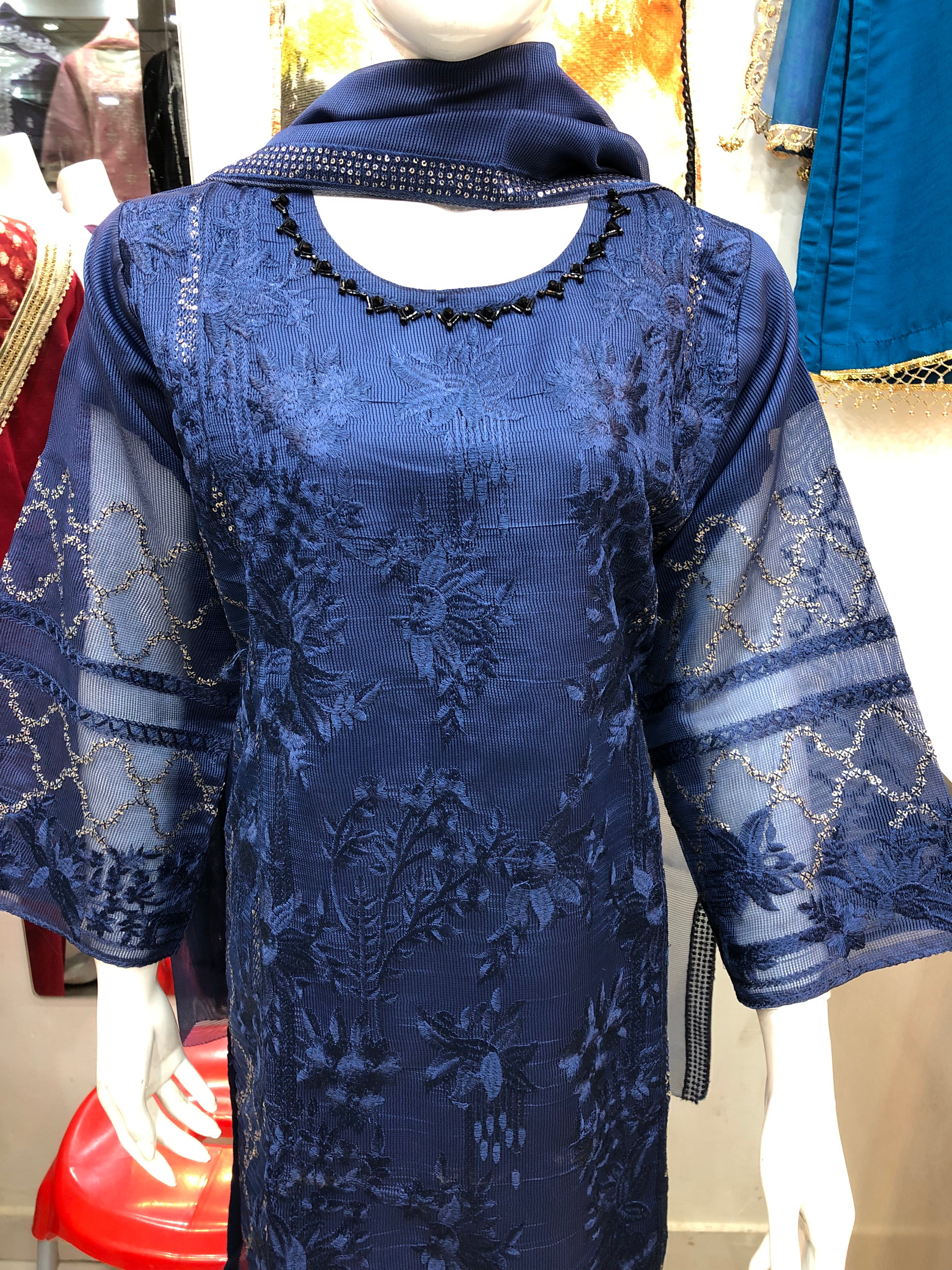 β¨ 3-Piece Fancy Cotton Design Dark Blue β Full Embroidery Elegance