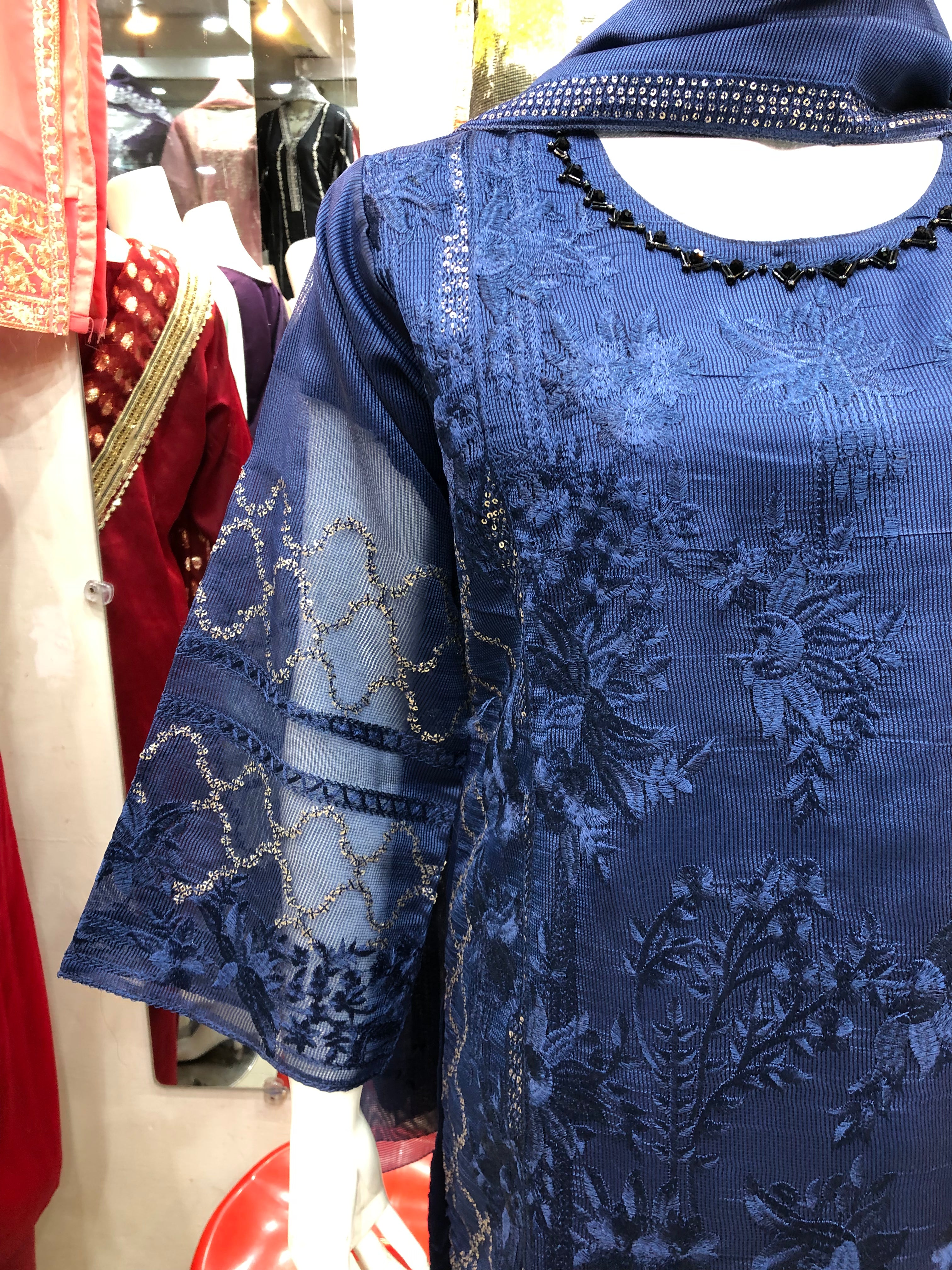β¨ 3-Piece Fancy Cotton Design Dark Blue β Full Embroidery Elegance