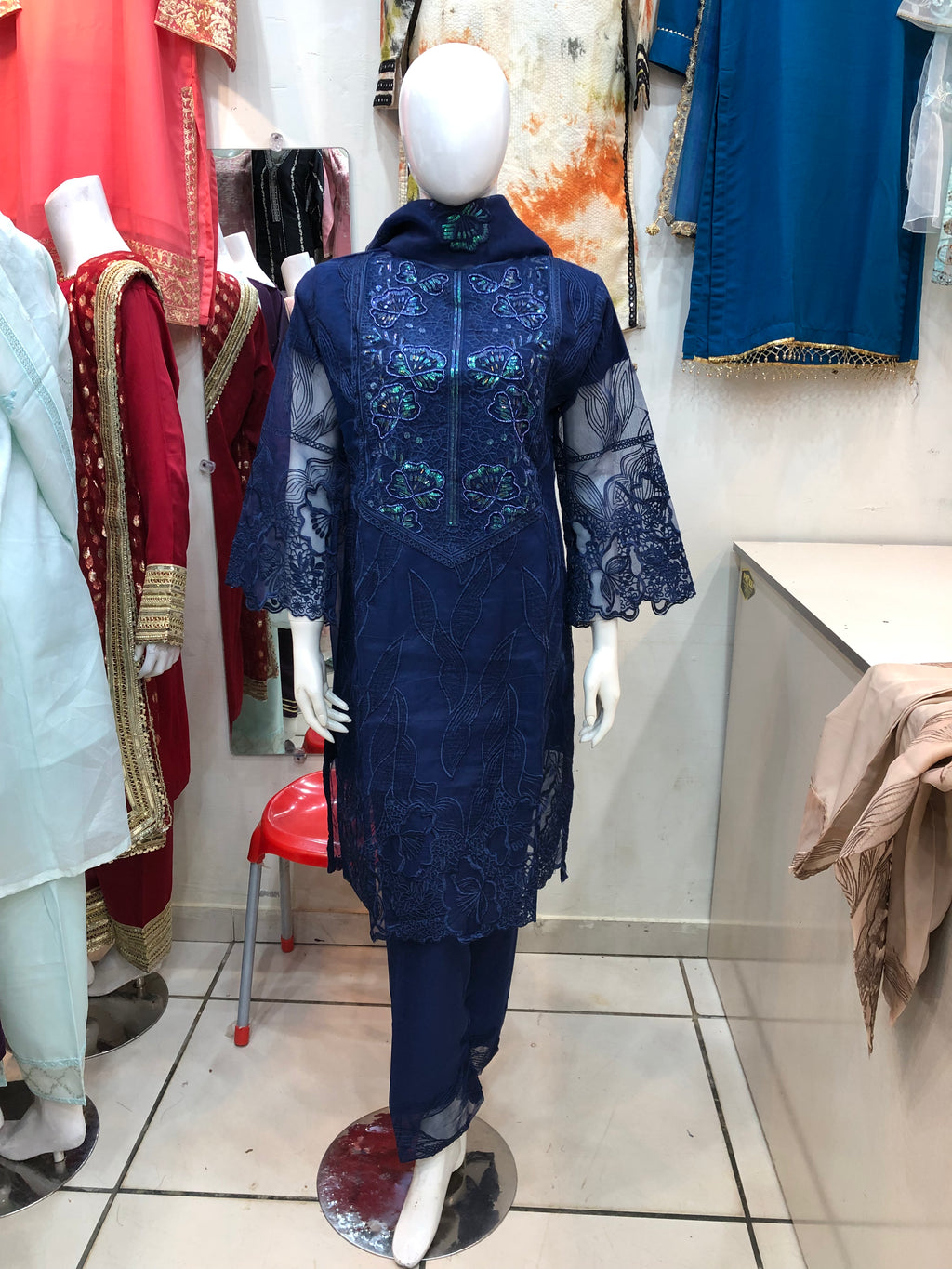 🌸 3-Piece Fancy Cotton Design Dark Blue – Timeless Elegance for Every Occasion