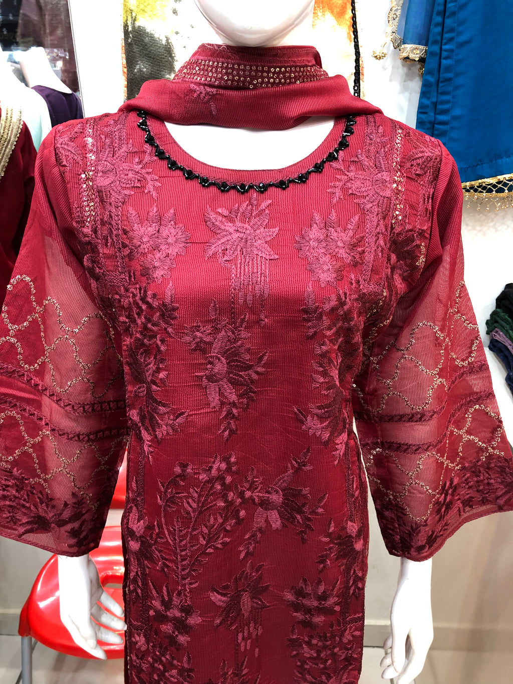 ✨ 3-Piece Fancy Cotton Design Red – Full Embroidery Elegance