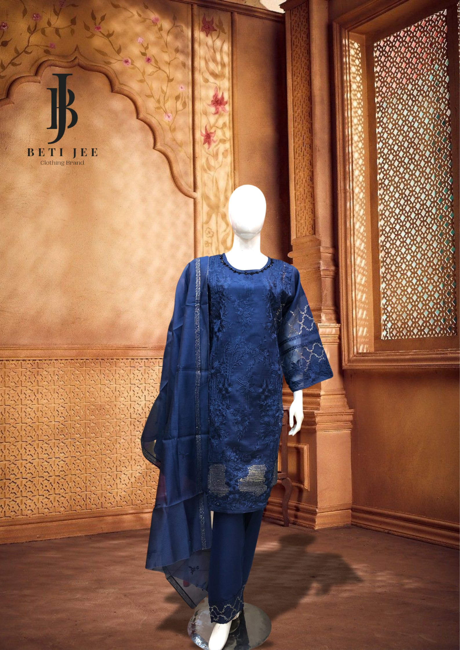 🌸 3-Piece Cotton Embroidery Dark Blue – Elegant Everyday Wear