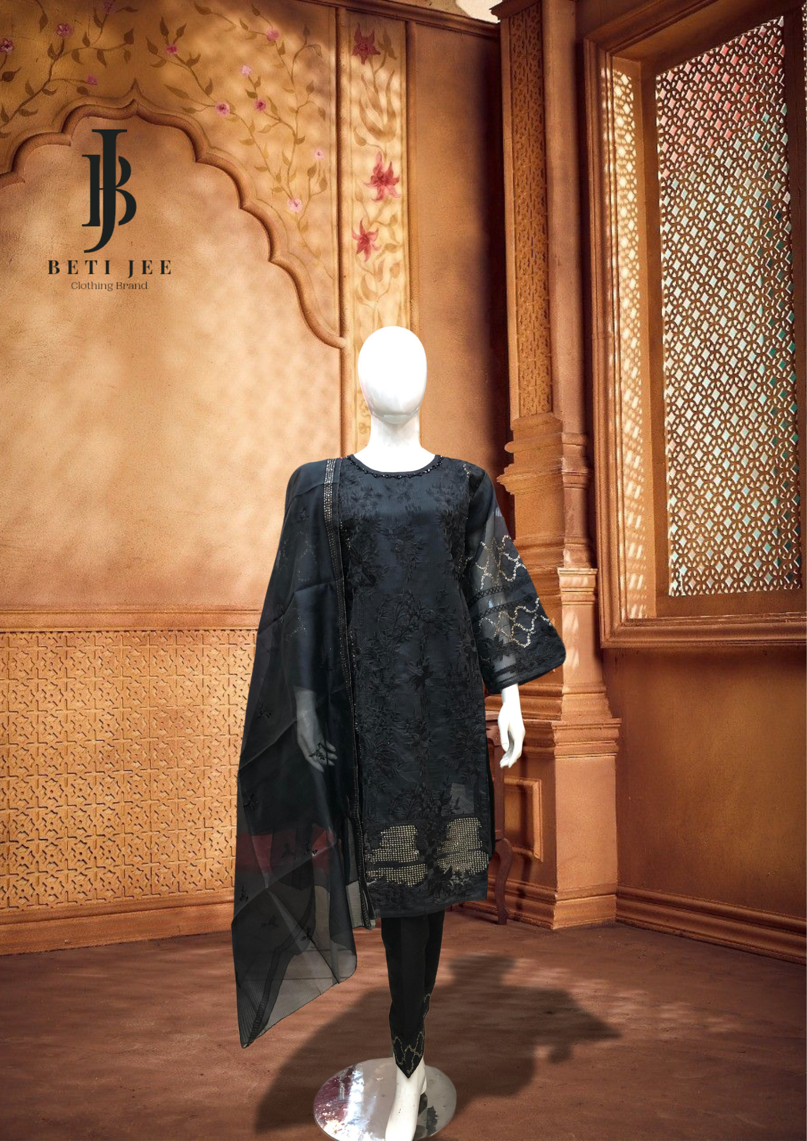 🌸 3-Piece Cotton Embroidery Black – Elegant Everyday Wear